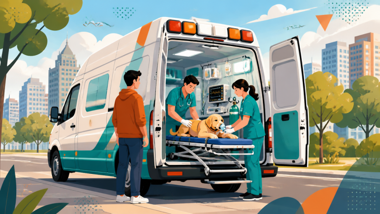 Ambulância veterinária atendendo um pet com equipe e tutor em cenário urbano de Campinas