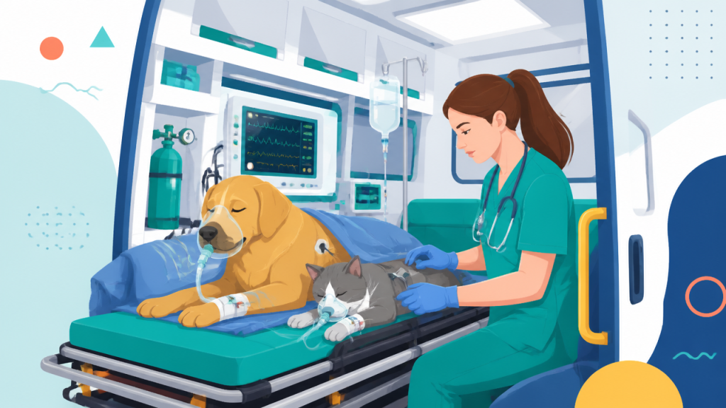Cão e gato recebendo suporte intensivo em ambulância veterinária com monitorização e oxigênio.