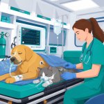 Cão e gato recebendo suporte intensivo em ambulância veterinária com monitorização e oxigênio.
