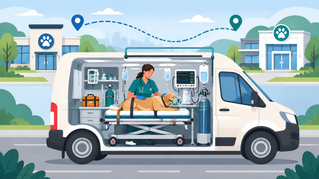 Transferência de cão entre clínicas em ambulância veterinária com acompanhamento e monitorização.