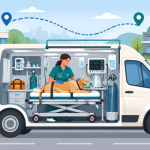 Transferência de cão entre clínicas em ambulância veterinária com acompanhamento e monitorização.