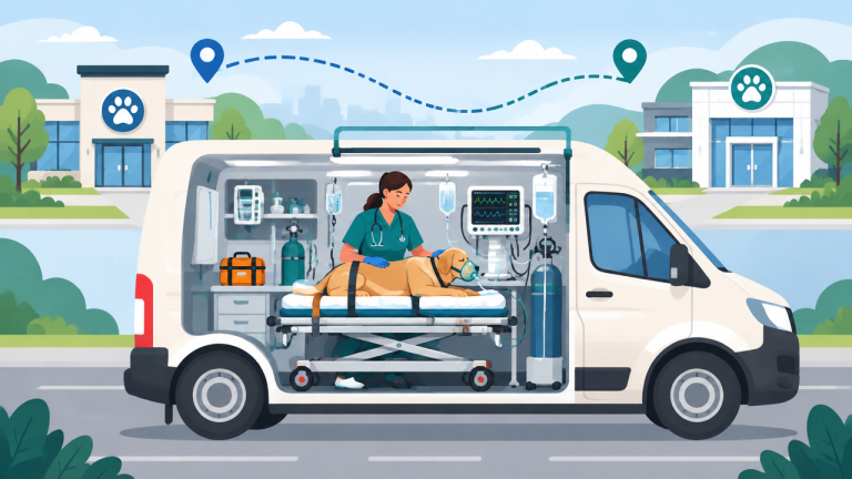 Transferência de cão entre clínicas em ambulância veterinária com acompanhamento e monitorização.