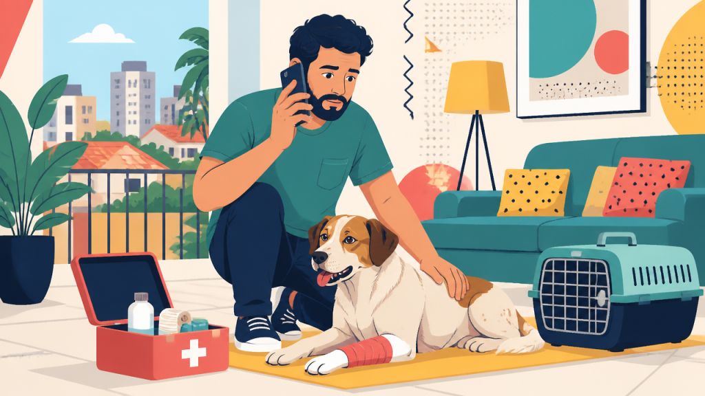 Tutor prestando os primeiros cuidados a um cão em situação de urgência enquanto fala com atendimento veterinário móvel em casa, em Campinas