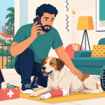 Tutor prestando os primeiros cuidados a um cão em situação de urgência enquanto fala com atendimento veterinário móvel em casa, em Campinas